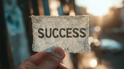 Joyful Individual Achieving Success, Hand Holding Paper with Success Written, Perfect for Empowering Campaigns and Motivational Projects.