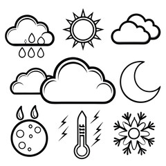 Black and white weather icons depicting rain, sun, clouds, moon, temperature, and snow.