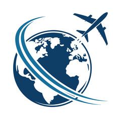 Modern travel agency logo featuring a stylized airplane and globe