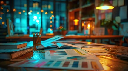financial documents scattered on a desk. Warm ambient lighting enhances a celebratory atmosphere, with the blurred background hinting at a jubilant team. Details and energy emphasized.