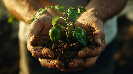 Hands cradle pepper plant