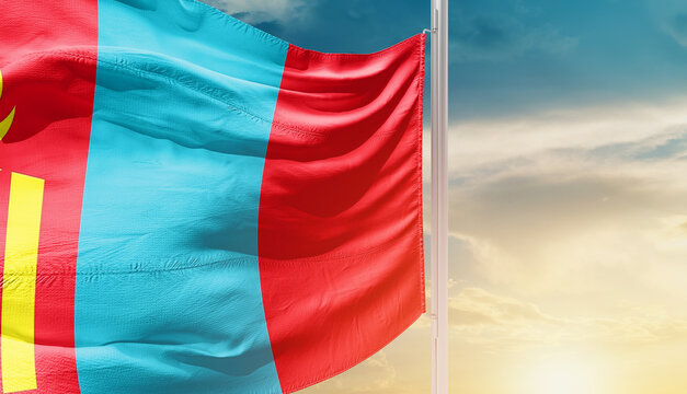 Mongolia national flag waving in an amazing sunlight. National flag waving on mast.