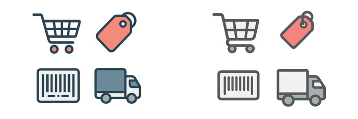 Fototapeta premium E-commerce concepts with shopping cart, price tag, barcode, and delivery truck for online shopping and logistics