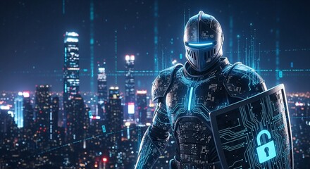 Cybersecurity knight in glowing digital armor holding a shield with a padlock over a futuristic city.