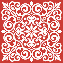 Intricate white symmetrical floral and scroll pattern on a vibrant red background, featuring a central star motif and elegant decorative elements.