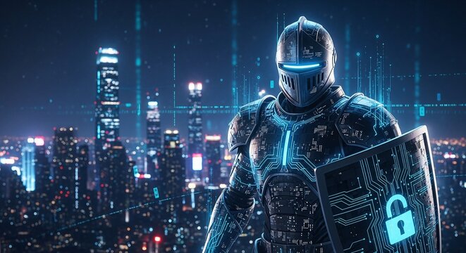 Cybersecurity knight in glowing digital armor holding a shield with a padlock over a futuristic city.