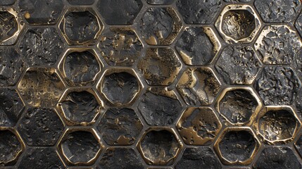 Ultra-close macro shot of highly detailed graphene surface texture. Hexagonal carbon lattice pattern with a strong metallic sheen, rough dark and gold electron microscope detail.