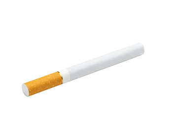 Cigarette with white filter and yellow tip on transparent background