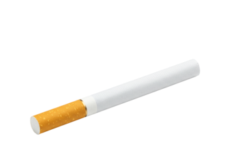 Cigarette with white filter and yellow tip on transparent background
