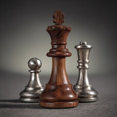 A dark, focused close-up of a regal wooden chess king piece, standing amidst contrasting silver chess pieces, creating a sense of strategic confrontation.