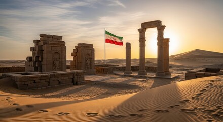Iranian flag waving proudly above historical ruins in a desolate desert landscape at sunset