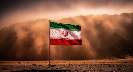 Flag of Iran waving in a desert landscape, symbolic resilience amidst challenging environmental