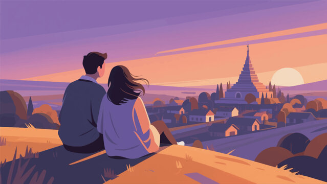 illustration of a couple sitting on a hill, looking at a temple and village in the distance vector design template