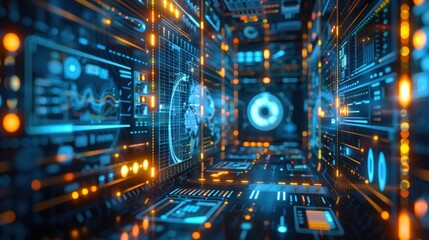 Tense holographic command center in crisis. Dramatic lighting blurs around dynamic, multiple data projections detailing the evolving situation.