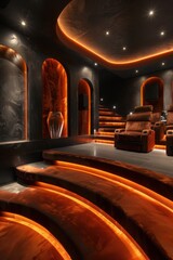 Dramatic home theater features tiered seats, architectural lighting, and cinematic composition. In-wall cable management expertly hides intricate exposed wiring for a seamless look.