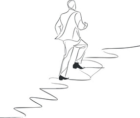 A minimalist illustration of a businessman climbing stairs symbolizing career growth and success. Black on transparent background.
