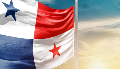 Panama national flag waving in an amazing sunlight. National flag waving on mast.