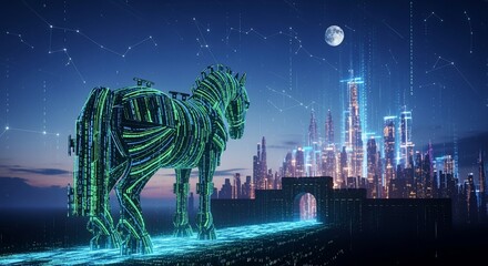 Digital Trojan Horse made of binary code approaching a futuristic city gate at night.