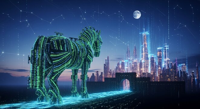 Digital Trojan Horse made of binary code approaching a futuristic city gate at night.
