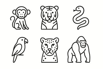 Set of simple line art animals: monkey, tiger, snake, parrot, leopard, gorilla