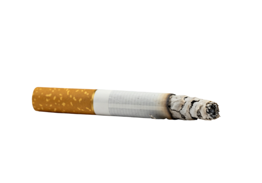 Closeup of a partially smoked cigarette with transparent background