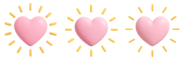 Set For pink hearts with yellow rays isolated on transparent background