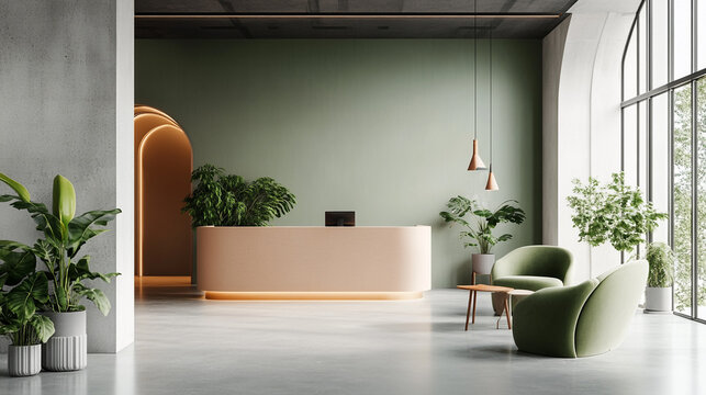 Modern office reception area featuring clean lines, plants and muted green