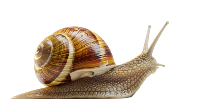 Garden snail crawling slowly on transparent background