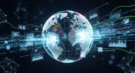 Digital Earth Globe with Global Network Connection and Data Visualization, Technology Concept
