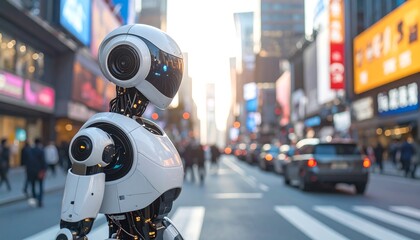 A futuristic robot stands in a bustling city street, observing the blurry urban landscape. Sunlight illuminates the scene with soft focus