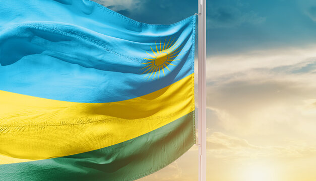 Rwanda national flag waving in an amazing sunlight. National flag waving on mast. - Powered by Adobe