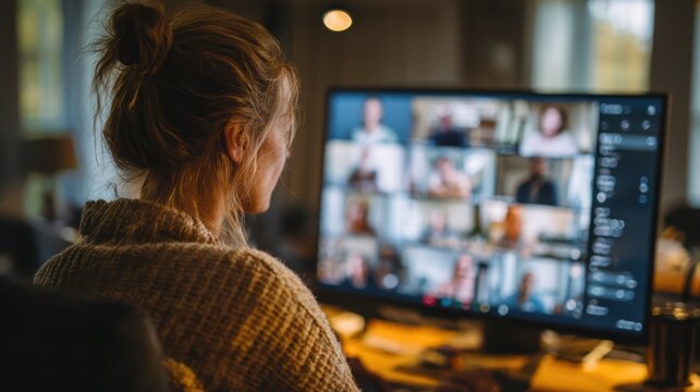 Professional Woman Invited to Zoom Meeting, Focused on Multiple Screens Perfect for Business Presentations, Social Media Campaigns, and Digital Marketing.