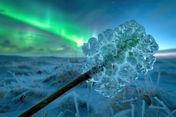 Magical ice sculpture broom with frozen fractals glows under a wide arctic aurora. Its warm wood stem contrasts the frosty landscape, creating an ethereal winter scene.