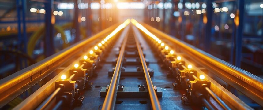 Precisely aligned industrial cable tray system with parallel runs. Aerial, symmetrical composition, architectural lighting. This striking order defies typical industrial disorder, clutter.
