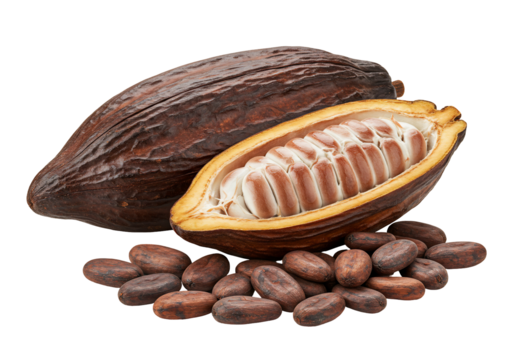 Cocoa beans and pod closeup of cacao fruit and seeds