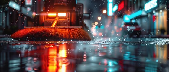 Close-up of an industrial street sweeper broom on a rainy urban night. Wet pavement mirrors vibrant neon reflections for city dwellers, with cinematic lens flare and distant vehicles.