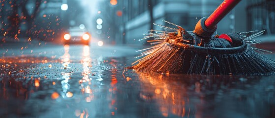 Close-up of an industrial street sweeper broom on a rainy urban night. Neon reflections dance on wet pavement with cinematic flare, distant vehicles, and the city's quiet energy.