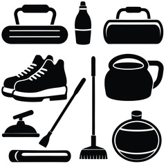 A collection of black and white icons representing equipment used in the sport of curling.