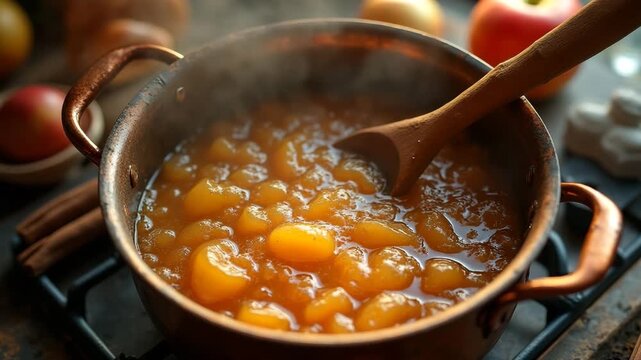 Cooking apple compote in copper pot with wooden spoon on stove  