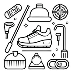 Collection of various sports equipment and accessories, including a shoe and brush.