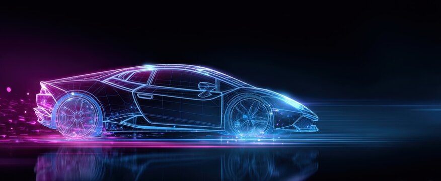 The sportscar neon wireframe speeding through a futuristic glowing urban nightscape