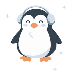 Adorable cartoon penguin in earmuffs, winter holiday character illustration. Flat vector style, perfect for Christmas cards, New Year decorations, kids designs and seasonal projects.