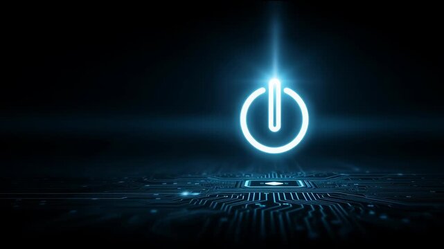 Glowing power button hovering over a futuristic circuit board in a dark room at night