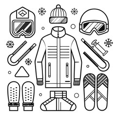 Line art of winter sports equipment and apparel.