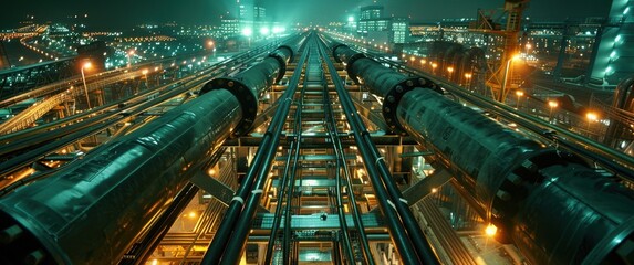 Aerial view of industrial cable tray system. Precise parallel runs create symmetrical composition, illuminated by architectural lighting amidst the ordered industrial clutter.