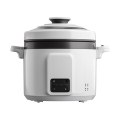 A close-up shot of a contemporary white rice cooker with minimalist design