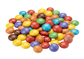 Colorful candy coated chocolate candies pile isolated on transparent background
