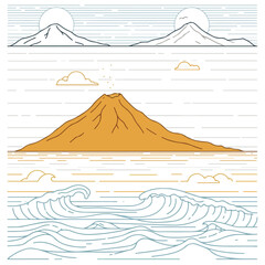 A minimalist line art set of Japanese-style nature scenes featuring mountains a volcano and ocean waves.