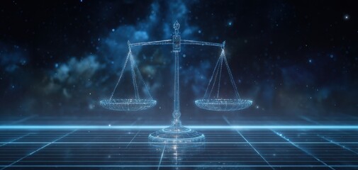 The Scales of Justice Rendered as a Futuristic Holographic Digital Balance in Space