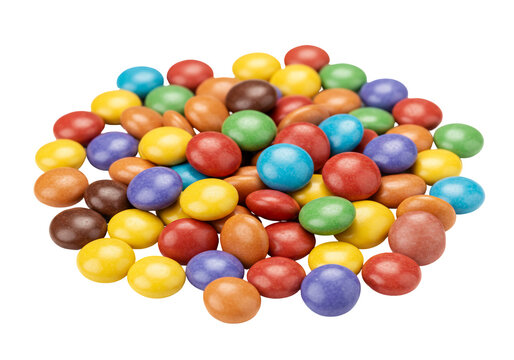 Colorful candy coated chocolate candies pile isolated on transparent background